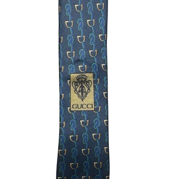 Gucci Mens Navy Blue Printed Silk Designer Neck Tie Pointed Adjustable Italy - Picture 9 of 14